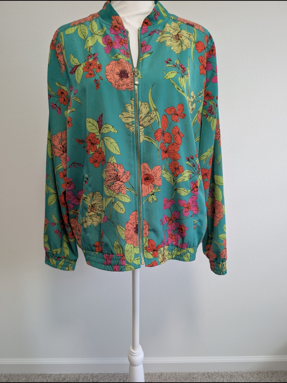 Susan Graver Teal Floral Zip-Front Bomber Jacket